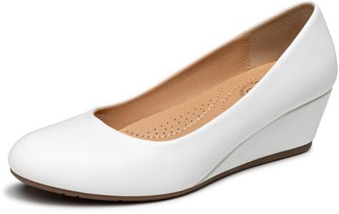 Trary Damen-Pumps mit Keilabsatz, runde Zehen, mittelhohe Absätze, bequem, geschlossene Zehen, elegante Schuhe, Damen-Pumps, Keilschuhe für Hochzeit, Arbeit, Büro, Party, Polyurethan Weiß, 41 EU