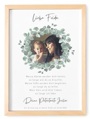 DEL MÀ Unique & Personal Patenbrief für Patenkind Taufbrief personalisiertes Taufgeschenk Junge Mädchen Geschenk zur Taufe (DIN A4 | mit oder ohne Rahmen) (Eukalyptuskranz)