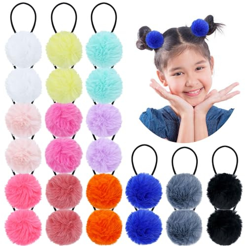 Dizila 24 Stück/12 Paar Bonbonfarben Flauschige Dehnbare PomPom Ball Haargummis Gummibänder Zopf Pferdeschwanz Halter Haargummis Zubehör für Baby Mädchen Säuglinge Kleinkinder Kinder Teenager Dünnes