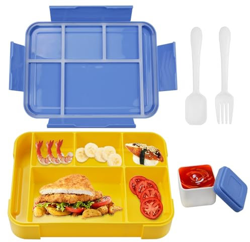 MytaYt 1330 ml Lunch Box con 6 Compartimentos y Cubiertos Loncheras a Prueba de Fugas Bento Box con Caja para Salsa Lonchera para Escuela, Trabajo, Picnic (Azul)