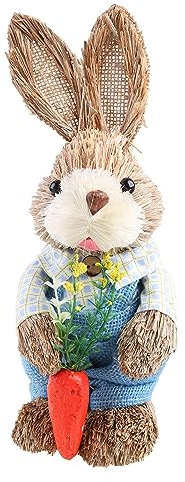 FEYLIE Standing Easter Bunny Figurine Ornament Happy Easter Straw Rabbit Decoration Handmade Craft for House Outdoor Decor 10’’