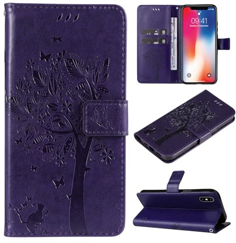 VEEMOS Handyhülle für Apple iPhone X/iPhone XS Hülle Klappbar Katze-Baum mit Kartenfach Klapphülle Schutzhülle Handy Tasche Leder Book Flip Case Cover Handytasche Damen - Violett
