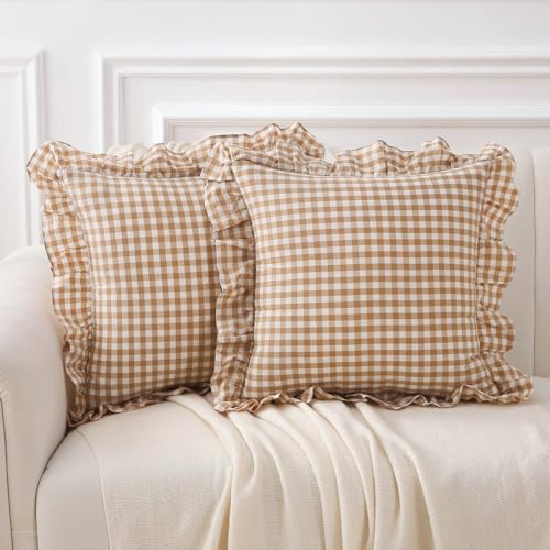 K MASANIJI Kissenbezüge, kariert, mit Rüschen, Gingham-Muster, 100 % gewaschene Baumwolle, kariert, Herbstdekoration, Bauernhaus-Kissenbezüge, 45,7 x 45,7 cm, 2 Stück
