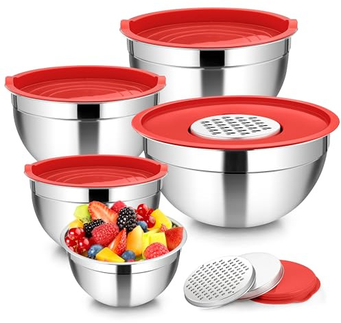 Homikit Rührschüssel, Edelstahl Schüssel Salatschüssel 5er Set mit Luftdichtem Deckel & 3 Reibenaufsätzen, Schüsselset zum Mischen Verrühren 4,6L/2,8L/1,6L/1,2L/0,7L, Stapelbar, Spülmaschinenfest, Rot