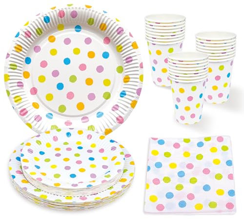 BFB Platos de fiesta, Servilletas, Vasos 96 piezas Lunares Multicolor para fiestas de papel Juegos de Vajillas desechables
