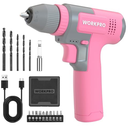 WORKPRO Kit de Perceuses Visseuse Sans Fil 8V Rose, Visseuse Devisseuse Sans Fil 2000mAh, Couple 12Nm, Mandrin de Perçage 10mm, LED Lumière, Kit d'Accessoires Complet, pour Réparation Maison DIY