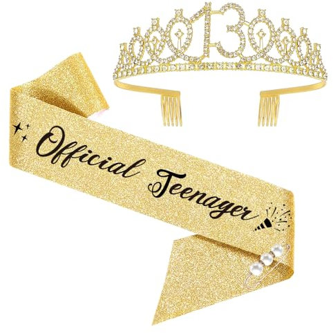 13. Geburtstags Tiara, Official Teenager Geburtstags-Krone Schärpe Set, 13 Geburtstag Deko für 13. Geburtstag Mädchen, Alles Gute zum 13. Geburtstagsgeschenk, Partyzubehör (Gold)