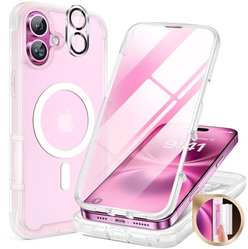 Miracase Magnetic Case for iPhone 16 Case 6.1-Inch, Full Body Bumper Clear Back Cover Compatible with MagSafe and Built-in 9H Tempered Glass Screen Protector + Camera Lens Protector (Matte Clear)