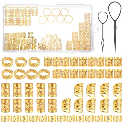 JIEYAO 110 Stück Goldener Haarschmuck für Zöpfe, Verstellbar Metallene Haar Geflecht Ringe Dreadlock Perlen Haarzopfringe Clips Haarschmuck für Dreadlocks mit 2 Twister für Herren Damen Mädchen Jungen