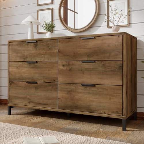 SUKY Kommode, Sideboard Highboard für Schlafzimmer & alle Wohnräume, Sideboard mit 6 Schubladen, 120 * 40 * 76CM in Dunkle Eiche