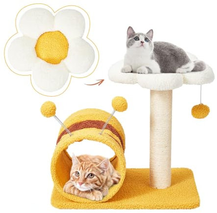 EROMMY Kratzbaum Klein Blume-Biene Katzenbaum,mit 1 Plüschball und 2 Plüsch-Federbälle Katzenspielzeug,Katzenkratzbaum Kratzsäule aus Sisal,Katzenhöhle,Gelb