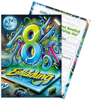 Limonia 8 Einladungskarten zum 8. Kindergeburtstag Motto Feier Fest Einladung Set Geburtstag Mädchen Kinder Jungs Jungen Boys Teenies Graffiti Street Art