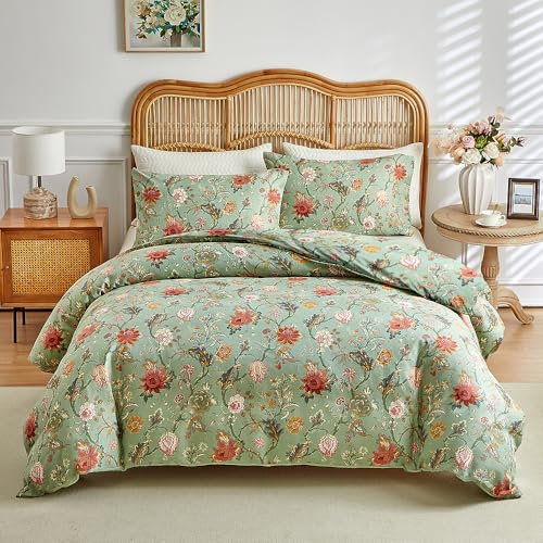 RongRongIN Bettwäsche Set 200 x 220 cm Pflanze Serie mit Reißverschluss – Vinatge Farbig Blume Muster Grün Bettbezug 200x220cm und 2 Kissenbezüge 80x80cm, Weich Bequem Wendebettwäsche Bettwaren