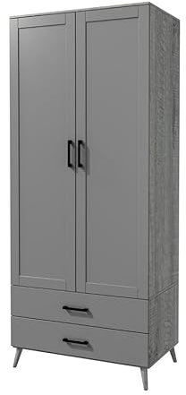 URBNLIVING 180cm White Ash Grey Black Freestanding Wardrobe 2 Door 2 Drawer Shelf Modern Clothes Storage Cupboards Unit for Bedroom Hanging Rail with Wooden Legs