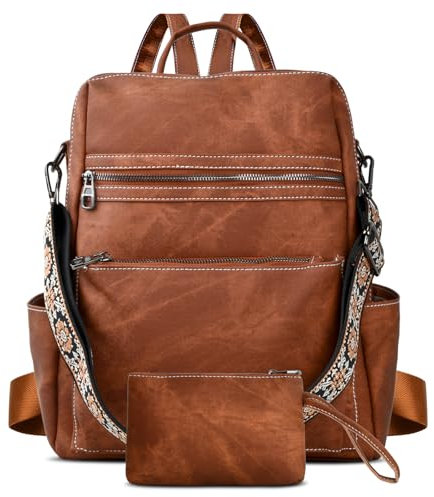 Wisebom Rucksack Damen Wasserdicht, Anti Diebstahl PU Leder Leichtgewichtig Große Kapazität Mehrere Fächer Elegant Mode Rucksack Umhängetasche Handtasche für Schule Arbeit Reise (Braun)