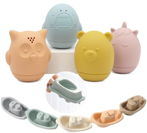 ATAUSD 4 Tierische Spritztiere + 5 Boote Badespielzeug Set aus Sicher Silikon,Baby Badewannenspielzeug ab 6 Monaten,Motorikspielzeug & Wasserspaß für Kleinkinder in Geschenkbox (9-TLG)