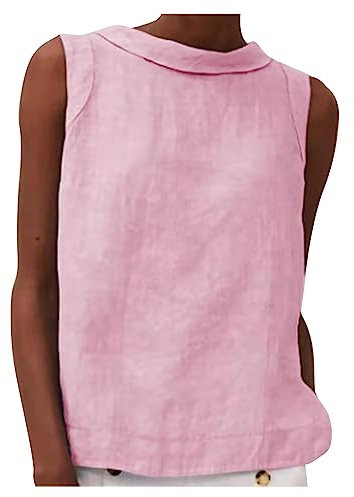 Baumwoll-Leinen-Oberteil für Damen, ärmellos, Basic-Sommer-Tank-Top, lässiger Rundhalsausschnitt, lockere Passform, bequemes T-Shirt Damen-Tanktop aus Leinen, einfarbig, großer fallender Kragen