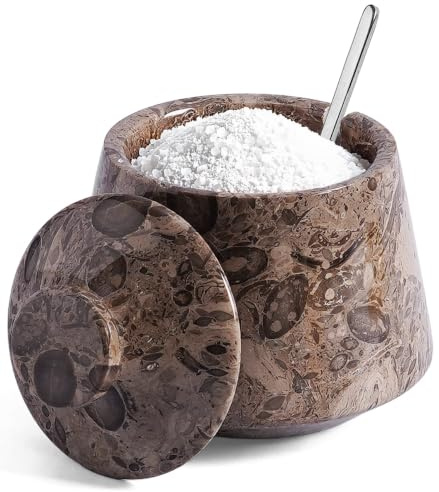 EARTHEN CRAFTS Marble Salt Cellar with Lid & Spoon, Oceanic, 4 Inch | Handmade marble salt jar with lid and spoon, stone salt and seasoning storage container, worktop kitchen decor and gift