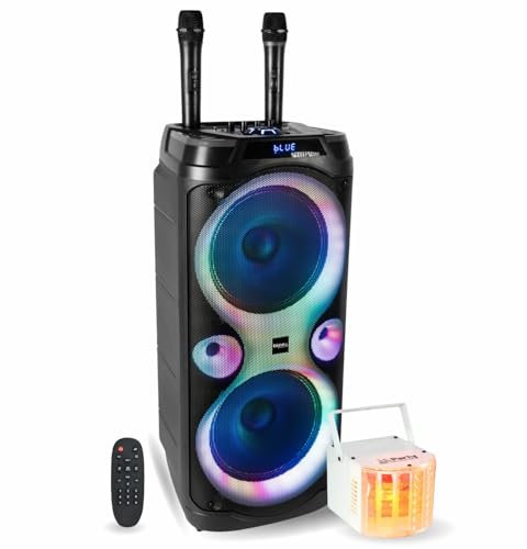 Ibiza Sound - Set di altoparlanti per karaoke Columba-Karaoke, 1000 W, USB Bluetooth TWS, 2 microfoni senza fili, effetto luce derby LED, sera