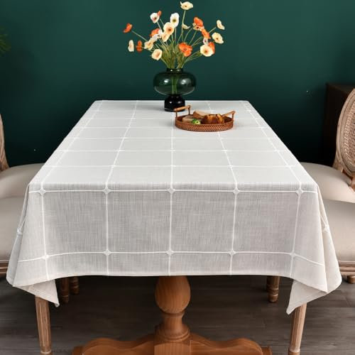 Plenmor Mantel de Lino de algodón Duradero para mesas rectangulares, Mantel de Rejilla de Bordado sólido para decoración de Mesa de Comedor de Cocina (Blanco, 250 x 135 cm)