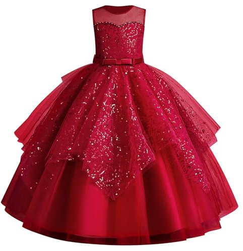 IDOPIP Robe Enfant Fille Mariage Dentelle Tulle sans Manches Broderie Perles Bow Demoiselle d'honneur Anniversaire Partie Princesse Longue Robe De Bal Soirée