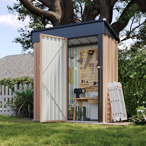 Aoxun 5x3ft Metal Garden Shed, Sheds and Outdoor Storage, Galvanized Waterproof Strong Reinforced Roof, with Lockable Doors & Slooping Roof for Backyard, Patio, Brown