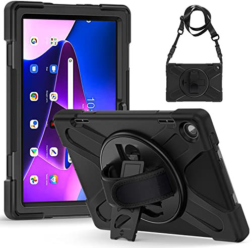 Gerutek Custodia per Lenovo Tab 2025 10.1 Pollici con Protezione per lo Schermo, Custodia Robusta con Supporto Girevole 360/Cinghia a Mano/Spalla/Portapenne per Lenovo Tab 2025 10.1, Nero