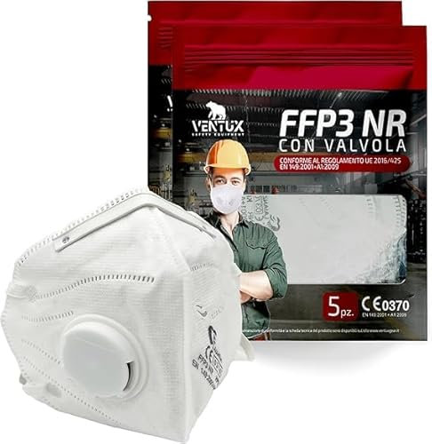 VENTUX SAFETY EQUIPMENT Pack de 5 Unidades - Mascarilla FFP3 con Válvula de Exhalación – Certificación CE – Filtración ≥99% – Desechable – Protección Respiratoria Profesional – Color Blanco