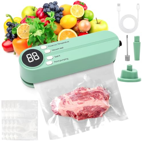 Mini Vakuumierer, Tragbar 60 KPA Folienschweißgerät mit 3 Temperaturstufen, Wiederaufladbar Mini Bag Sealer Versiegelungsmaschine Hand Verschlussgerät für Plastiktüten Beutel Snack (Grün)