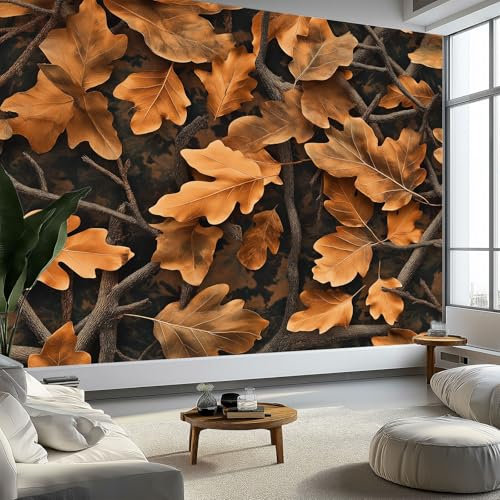 Art Fototapete Tarnmuster Mit Blättern, Hochwertige Vlies Tapeten Wandtapete, Gelb Mustertapete, Für Wohnzimmer Schlafzimmer Kinderzimmer Küche Wand Dekoration B200 x H140 cm Premium-Wandbild