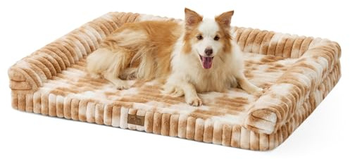 COZY KISS Orthopädisches Hundebett für Große Hunde 110x80x17cm – Hundesofa mit Weichem Kunstfell & Cordbezug, Eierförmiger Kistenschaum, Ergonomischer Hundekorb, Abnehmbar & Waschbar, Tie-Dye Brown
