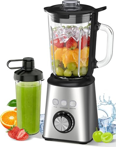 Blender Mixeur 1000W, Blender Smoothie Haute Vitesse avec Bol verre 1,5 L & Tasse 600ml, 3 Modes et Vitesse Infinie, 24000 tr/min, Inox, Pour Glace Pilée, Smoothies, Jus, Shakes (Blender-01)