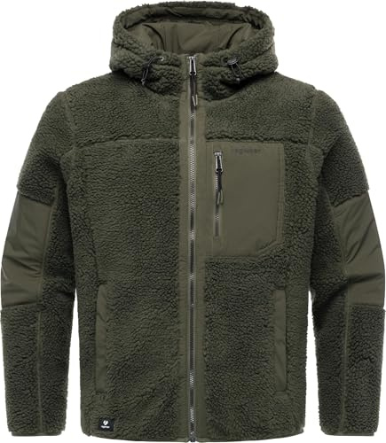 Ragwear Herren Plüschjacke warme gefüttterte Teddyjacke mit Brusttasche und verstellbarer Kapuze Chille Dark Olive Gr. L