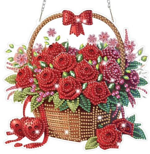 Lxmsja Rosa Rosenkorb Diamond Painting Anhänger, 5D Valentinstag Diamond Painting Blume Fensterbilder für Erwachsene, Bastelset Kreativ Set, Hängend Ornament Tür Fenster Wand Eingang Decor