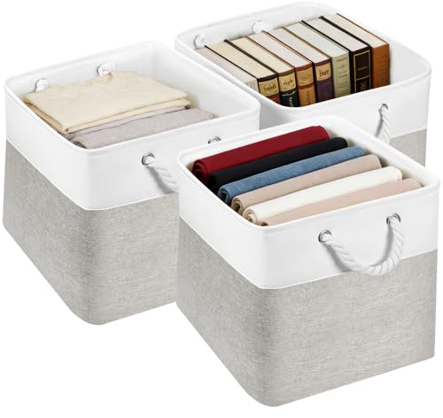 JUNLAI 3 Pack Grey Fabric Storage Boxes, Kallax Storage Boxes 33 x 38 x 33 with Handles, Foldable Large Storage Basket for Office & Home, Book, Clothes, Toys(Grey-White)
