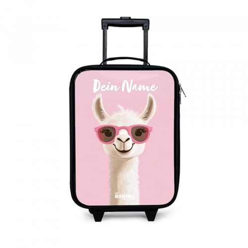 NoBoringSuitcases© Kinderkoffer Klein Personalisiert mit Name Reisekoffer | 48x31x19 cm - Kleiner Kinder Koffer mit LED Rollen Ultraleicht Mini Lama - Weiß - Brille - Wimpern