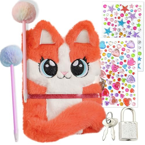 Belegao Secret Diary with Lock for Girls Fluffy Journal with Lock and Keys | Fuzzy Ballpoint Pens, Rhinestone Stickers, A5 Plush Notebook, for Home School Travel Writing, Birthday Gift (Fox, Orange)