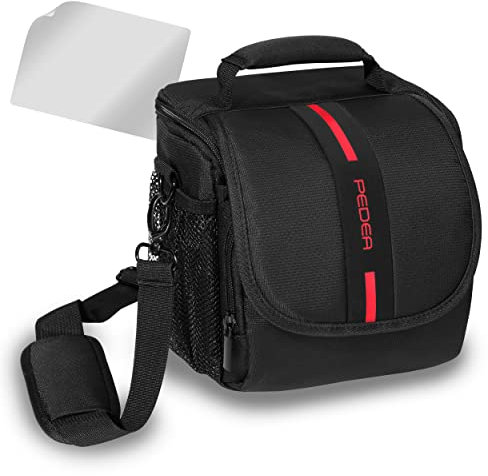 PEDEA DSLR-Kameratasche Essex mit Displayschutzfolie für Canon EOS 5DS R M6 M100 100D G1X Mark III SX740 / Nikon Z6 D850 / Panasonic Lumix DC GH5 GX800 / Sony Alpha 6000 6500, Gr. M schwarz/rot