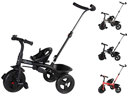 Clamaro 'Buttler Basic' 2in1 Kinder Dreirad ab 1 Jahr mit lenkbarer Schubstange, mit flüsterleisen Gummireifen, Vor- und Rücklauf, Kinderdreirad für Jungen und Mädchen - Schwarz matt