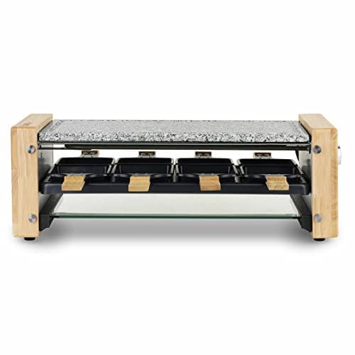 H.Koenig Appareil à raclette Multifonction 8 personnes WOD12, Professionnel, Raclette fromage, Fondue, Pierre Granit et bois naturel, Plaque en Verre, 8 poêlons & 8 spatules en bois, 1200W