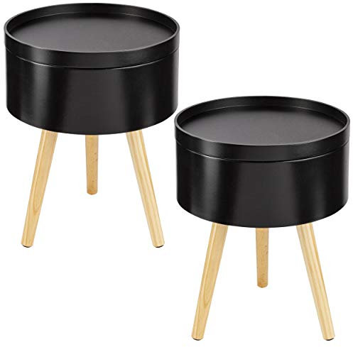 ONVAYA® Beistelltisch Sofia aus Holz | 2er-Set | Ø 35 cm | Couchtisch rund | Nachttisch Kiefer | Stauraum & Abnehmbarer Deckel | Modernes skandinavisches Design | Schwarz Holz