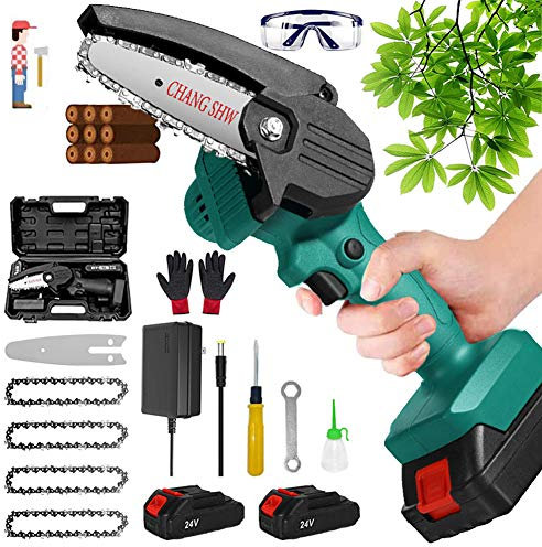 Mini Tronconneuse Electrique Sans Fil Petite Tronçonneuse Elagueuse 4 Pouces avec 2 Batteries 4 Chaînes Electrique Portable Léger Scie à Chaîne pour La Coupe De Bois De Branche d'arbre,Dark Green