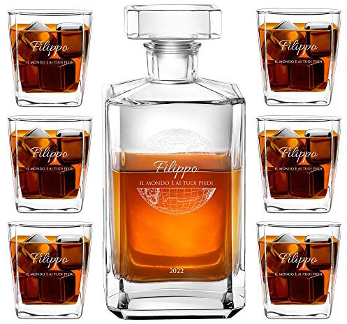 Maverton Decanter per Whisky in vetro - incisione personalizzata - Caraffa in vetro da 700 ml + 6 Set bicchieri whisky - idea regalo per l’uomo - mondo