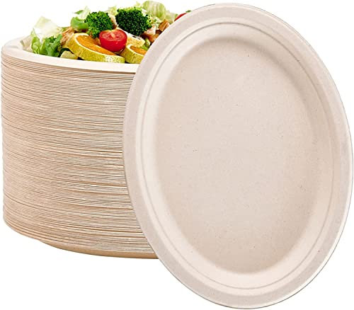 50 x Oval Paper Plates, Party Plates for Hot Food. Reusable Bagasse Sugar Cane plates for Weddings, Christmas and picnic. 10 x 8 Inches (10 INCH OVAL)