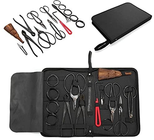 RoseFlower Garten Bonsai Werkzeugset Carbon Steel Kit Cutter Schere, 15 Stück Bonsai Werkzeug Kit - Bonsai Tree Care Kit liefert Kohlenstoffstahlschere, Bambusschwader, Wurzelhaken, Gartengeschenk