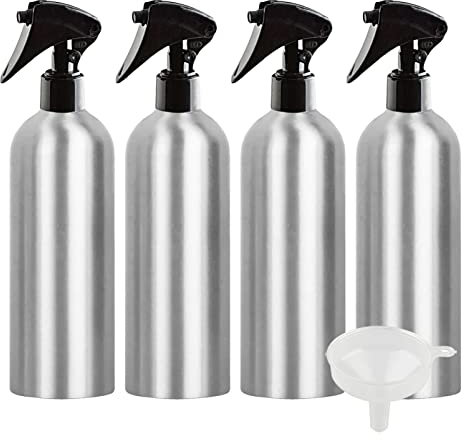 ZEOABSY 4 Stück 500ml Leere Aluminium Sprühflasche mit Schwarz Sprüher Zerstäuber Wassersprüher für Kosmetik Haushalt Blumensprüher Pflanzen Garten Küche Reinigung Friseur + 1 x Trichter