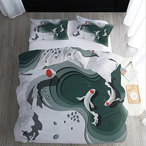 Japanische Bettwäsche 135x200, Koi Karpfen Asiatische Motive Microfaser Bettbezug Set 2 Teilig - Weich & Angenehm & Atmungsaktiv, 1 Bettbezüge mit Reißverschluss + 1 Kissenbezug 80x80 cm