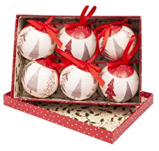 Ciao- Set 6 sfere decoupage ornamentali Merry Christmas Style Trees (Ø 7,5 cm) con nastro in tessuto per albero di Natale in giftbox