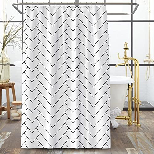 Aotiwe Haken Duschvorhang, Duschvorhang Weiß Stoff Geometrische Gewellte Dreiecksstreifen Polyester 150X180cm