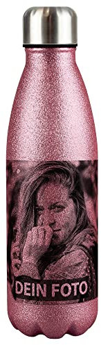 PR Print Royal Edelstahl-Trinkflasche Bedrucken - Glitzer-Trinkflasche personalisiert mit Foto - Thermosflasche, Wasserflasche BPA-frei, Camping, Schule | Personalisiertes Geschenk, Rosa 500 ml